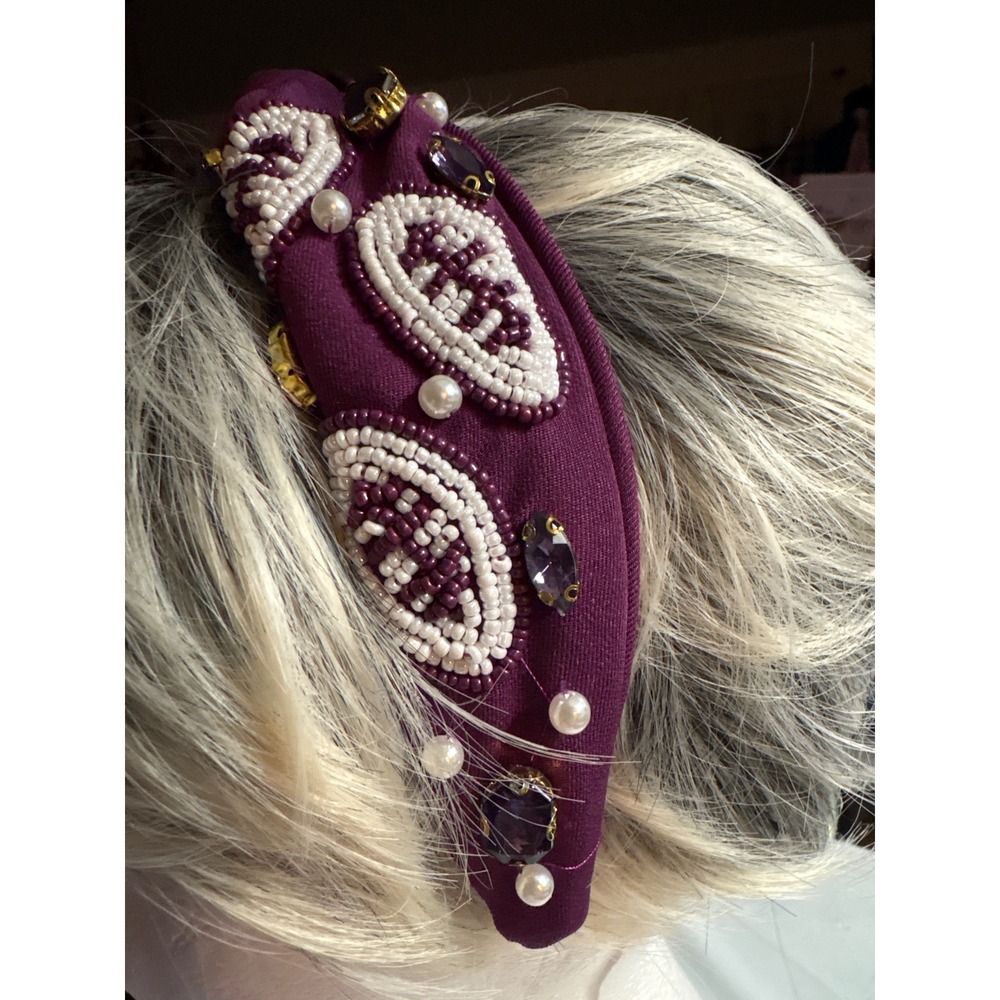 Purple Beaded Football Headband Maroon Game Day Tailgate Knotted Gemstone Pearl